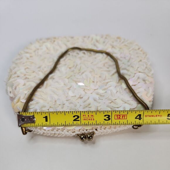 Vtg Handmade White Pearl Bead Sequin Clutch Evening Bag Gold Chain Clasp - Picture 14 of 16
